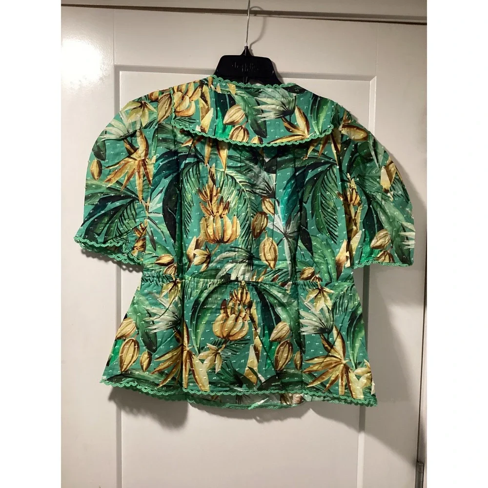 Farm Rio for Anthropologie Green Tropical Banana Print Puff Sleeve Blouse NWT M
